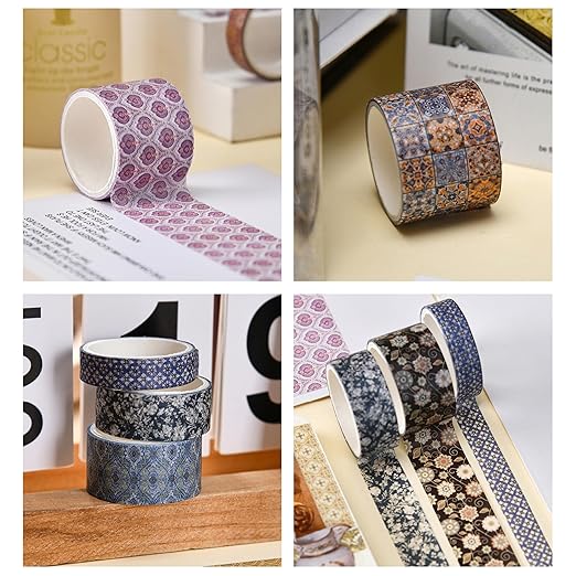 12 Rolls Exotic Charm Washi Tape Set Floral Arts Adhesive Tapes Geometric Garden Decorative Masking Tape Sets for Craft, Kids, Scrapbook, DIY, Gift Wrapping (Amber Tranquility)