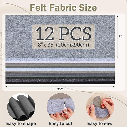 12 Rolls 8"x35"(20.5x90cm) 1.4mm Thick Soft Felt Fabric Sheet 12 Assorted White Grey Series Colors Felt Pack for DIY Craft Sewing Squares Nonwoven Patchwork