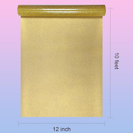 Glitter HTV Heat Transfer Vinyl Rolls- 12" x 10ft. Glitter Iron on Vinyl for DIY T-Shirts, Glitter for All Cutters, Heat Transfer Vinyl (Gold)