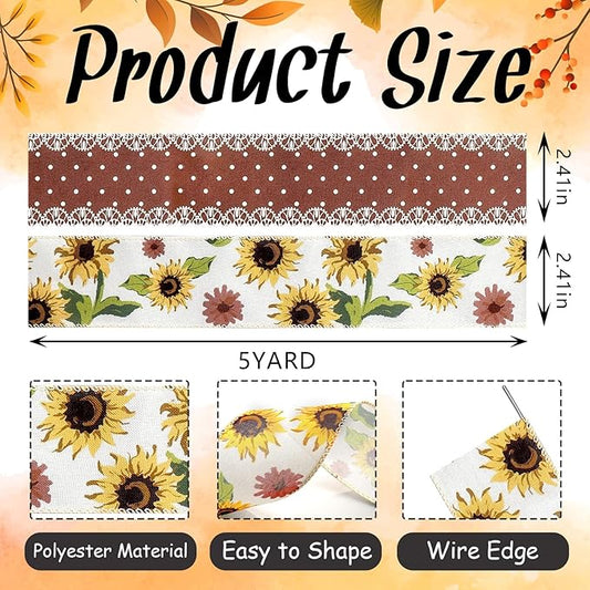 2 Rolls 10 Yard Thanksgiving Fall Wired Ribbon for Crafts Wreath Bow Making Sunflower Dot Ribbon Autumn Harvest Burlap Ribbon for Wrapping Thanksgiving Party Home Decoration 2.5''