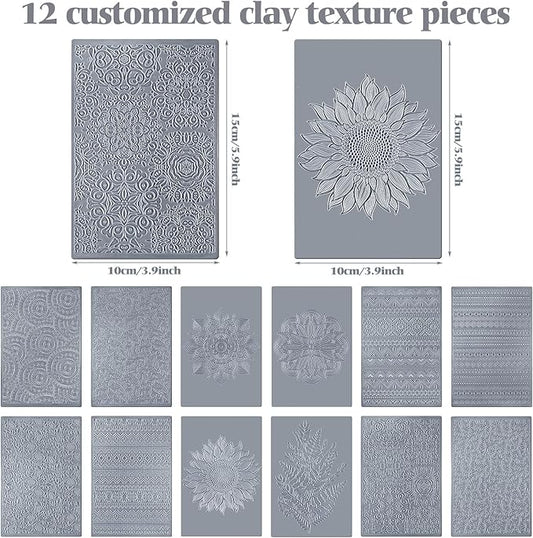 12 Pcs Polymer Clay Texture Sheets Mat Works with Polymer Clay Cutter Embossin Roller DIY Tools for Pottery Earrings Jewelry Making DIY Craft Supply