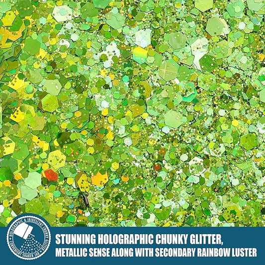 Holographic Chunky Glitter, 5.64oz/160g Extra Fine Glitter Powder Mixed Chunky Flake, Iridescent Sequins Bulk for Nail Art, Crafts Epoxy Resin, Festival Glitter for Party Decor (Dazzling Green)