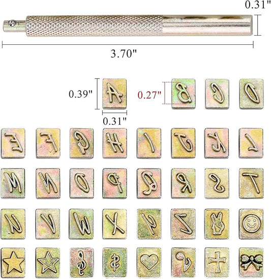 Yoption 37 Pieces Leathercarft Stamping Tool Set, 26 Letters Alphabet & 10 Patterns Stamping Tool 6mm +1 Stamping Handle for Leather Craft
