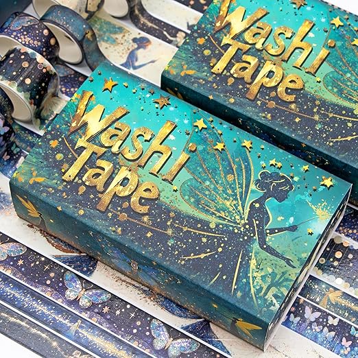14 Rolls Washi Tape Set - Gold Foil Green Fairy Decorative Masking Tape Butterfly, Fairy, Star, Magic, Adhesive Tape for Bullet Journal,DIY Craft,Scrapbooking Supplies,Gift Wrapping