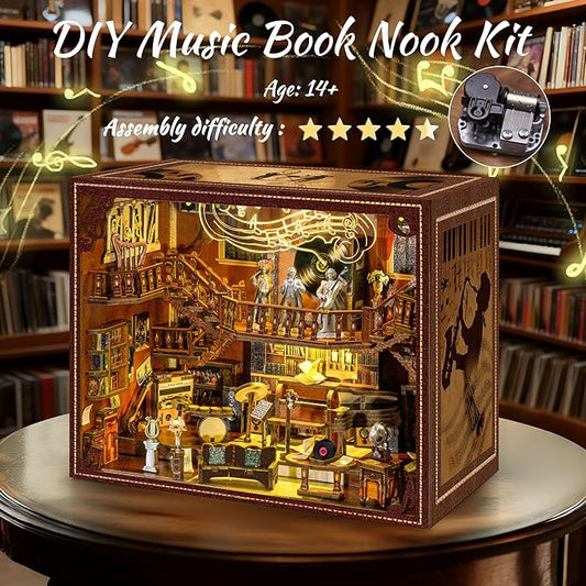 Book Nook Kit - 3D Wooden Puzzle for Adults and Teens, DIY Miniature Bookshelf Insert with LED Light, Ideal Gift for Family, Friends(Maestro's Study)