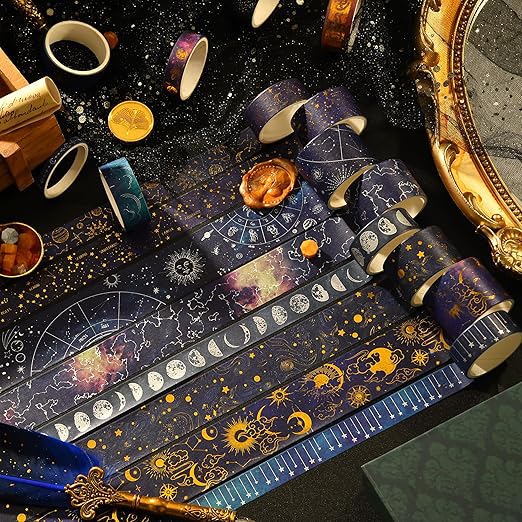 20 Rolls Galaxy Washi Tape Set Stars Arts Adhesive Tapes Gold Silver Foil Decorative Masking Tape Sets for Craft, Kids, Scrapbook, DIY, Gift Wrapping