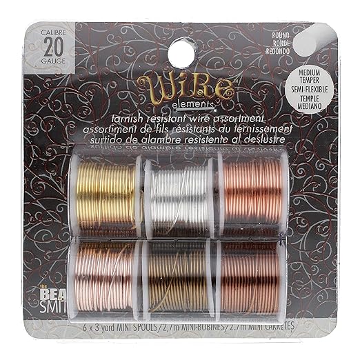 The Beadsmith Craft Wire Assortment - Tarnish-Resistant Copper Wire for Jewelry Making, 6-Pack, 0.75-Inch Mini Spools, 3 Yd Each, 20-Gauge, Assorted Colors, Medium Temper
