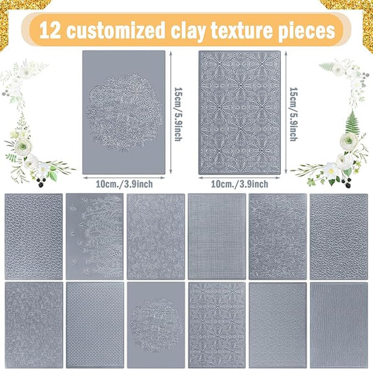 12 Pcs Polymer Clay Texture Sheets Mat Works with Polymer Clay Cutter Embossin Roller DIY Tools for Pottery Earrings Jewelry Making
