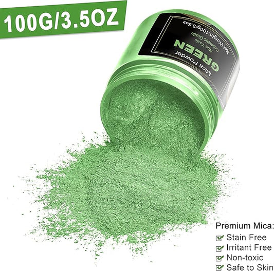 Green Mica Powder Pigment (100g) -Cosmetic Grade Metallic Mica Powder for Epoxy Resin, Lip Gloss, Soap,Candle Making, Bath Bombs,Tumblers, Jewelry, Dyes, and DIY Crafting Projects(Green, 3.5oz)