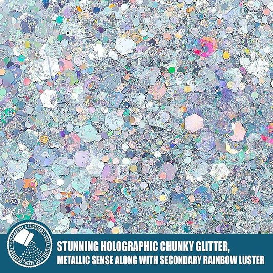 Holographic Chunky Glitter, 5.64oz/160g Craft Glitter Powder Mixed Chunky & Fine Flakes, Iridescent Sequins for Nail Art, Hair, Body, Eye Epoxy Resin, Tumblers, Painting, Festival Decor (Silver)
