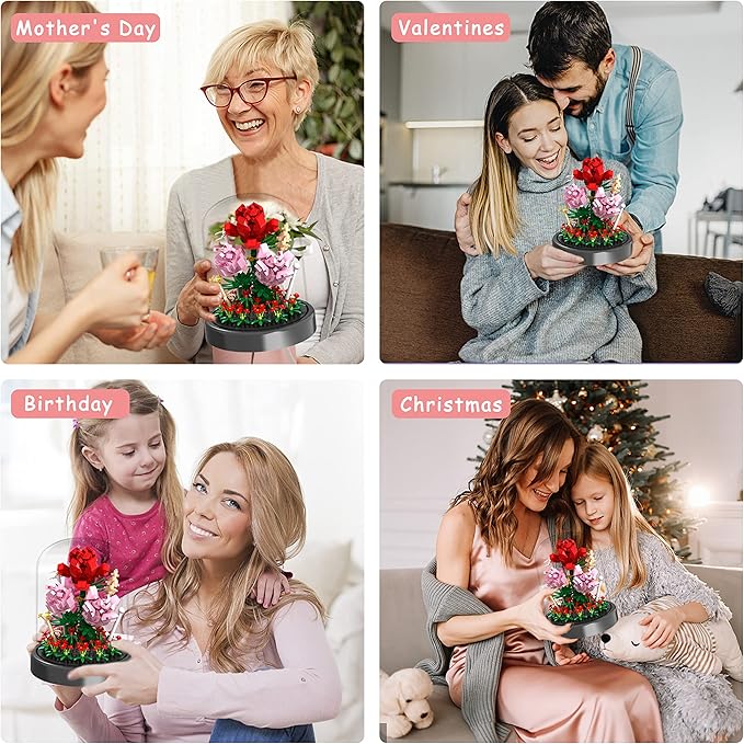 Flower Bouquet Building Kit, 524 Pcs Mini Bricks Building Blocks Sets, Forever Rose Decorated Flower with Dust Cover, Valentine's Day Gifts for Her Mom Women (Rose Flower)