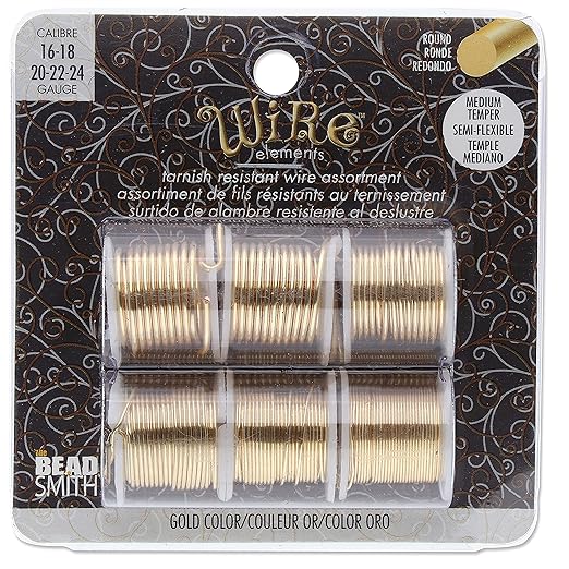 The Beadsmith Craft Wire Assortment - Tarnish-Resistant Copper Wire for Jewelry Making, 6-Pack, 0.75-Inch Mini Spools, Varying Lengths, 16-24 Gauge, Gold Color, Medium Temper