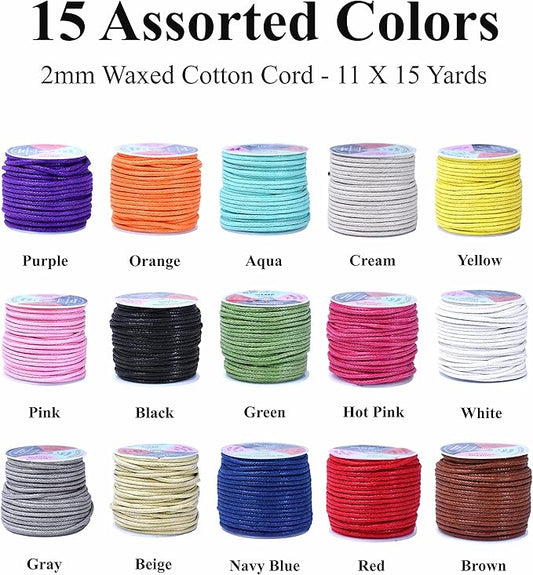 Mandala Crafts 2mm 11 X 15 Yards Assorted Cotton Waxed Cord for Jewelry Making Bracelet Cord Waxed String - Beading String Thread Jewelry Cords for Necklaces String