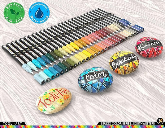 28 Southwestern Colors Acrylic Paint Pens Studio Color Series Markers Set 0.7mm Extra Fine Tip, Rock Painting, Glass, Mugs, Wood, Metal, Canvas, DIY, Detailing. Non Toxic, Waterbased, Quick Drying