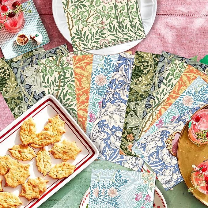 120PCS William Morris Floral Paper Napkins - 6 Vintage Wildflower Disposable Hand Towels for Bathroom, Dinner, Picnic, Wedding | 4.5"x8" | Disposable Napkins for Daily Use, Family Gatherings