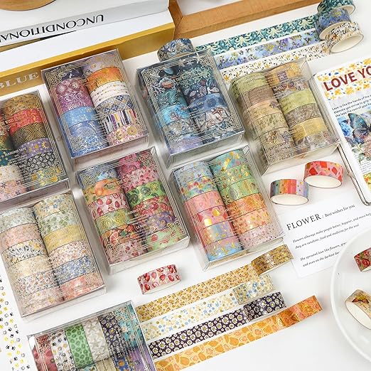 12 Rolls Charming Washi Tape Set Gold Silver Foil Detailing Arts Adhesive Tapes Basic Patterns Decorative Masking Tape Sets for Craft, Kids, Scrapbook, DIY, Gift Wrapping (Golden Galaxy)
