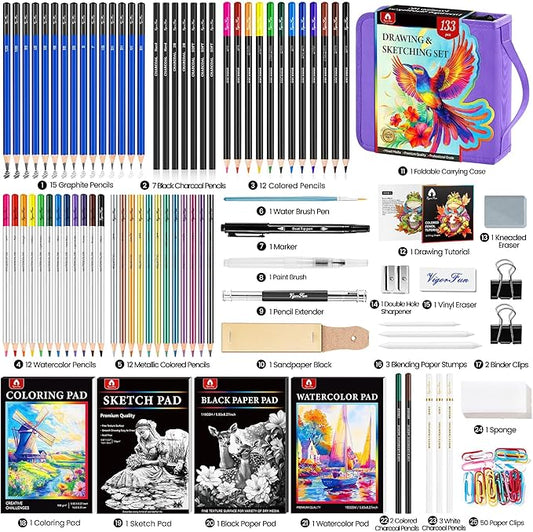 133 PCS Art Supplies Sketching Kit, Pro Drawing Pencils with Sketchbook, Coloring Book, Watercolor Pad, Black Paper Pad, Colored Graphite Charcoal Watercolor & Metallic Pencils for Artists Adults Kids