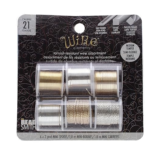The Beadsmith Craft Wire Assortment - Tarnish-Resistant Copper Wire for Jewelry Making, 21 Gauge, 6-Pack, 0.75-Inch Mini Spools, 2 Yd Each, Assorted Colors & Shapes, Medium Temper