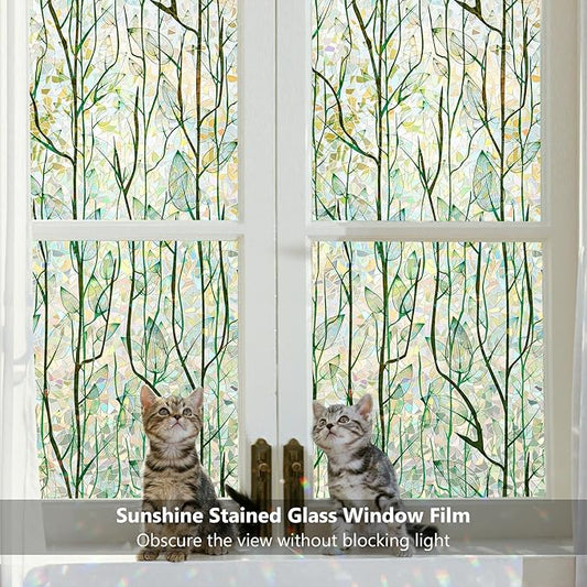 Finnez Window Privacy Film Window Film 3D No Glue Glass Sticker for Glass Door Home and Office Heat Control Anti UV (35.4 Inch x 13.1 Feet, Rainbow Grove)