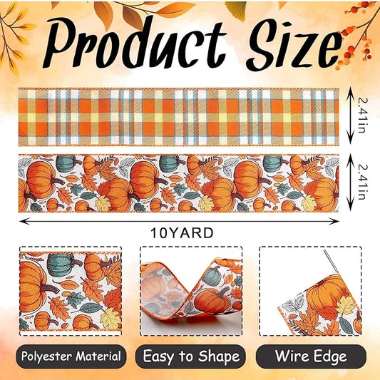 2 Rolls 2.5 Inch x 20 Yards Thanksgiving Fall Wired Ribbon for Crafts Wreath Bows Pumpkin Autumn Leaves Ribbons Orange Plaid Ribbon for Gift Wrapping Thanksgiving Party Home Decoration