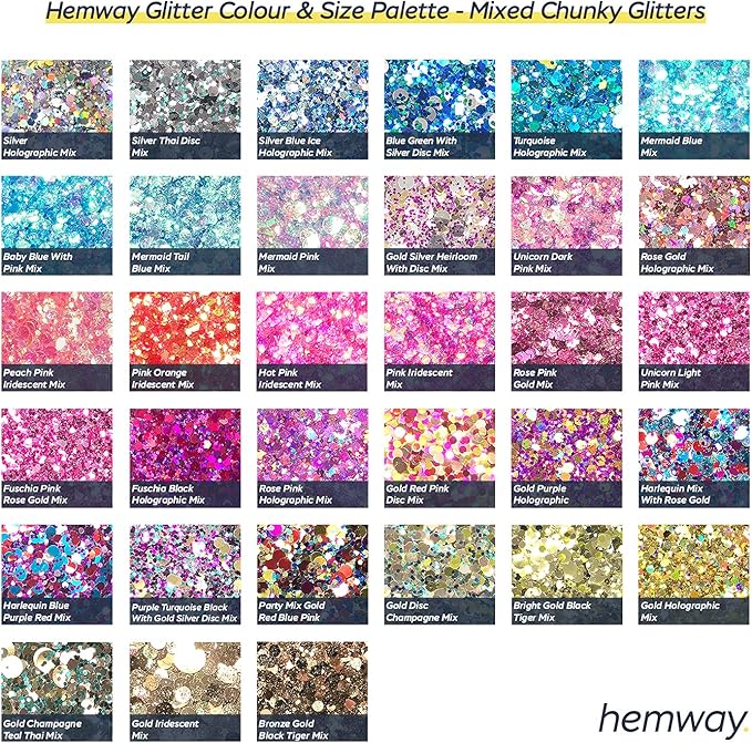 Hemway Mixed Polyurethane & Epoxy Resin Glitter Box (Pack of 54) | Metallic Flakes Shaker Set for Arts & Crafts | Assorted Colour Craft Supplies for Making Cards, Jewellery, Tumblers & Coasters