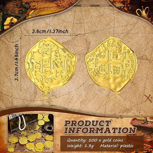 Hanaive 100 Pcs Pirate Coins Plastic Kids Fake Play Coins Replica Spanish Doubloons for Pirate Party Treasure Chest Board Games Tokens Toys Cosplay St. Patrick's(Gold)