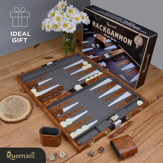 Large Backgammon Sets for Adults - Classic Board Games for 2 Players Adults and Kids - Premium Backgammon Set 15 inch Board and 32 Backgammon Pieces in Quality PU Leather Case - Gift for Man