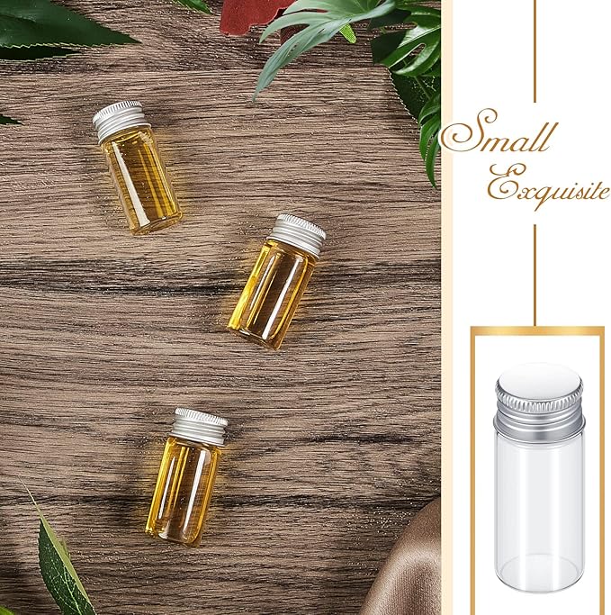 100 Pcs Small Clear Vials Spice Mini Jars with Lids Mini Glass Bottles with Screw Aluminum Metal Caps Tiny Jars Sample Containers for Powder Cream Cosmetic Jewelry Wedding (10 ml,Silver Caps)
