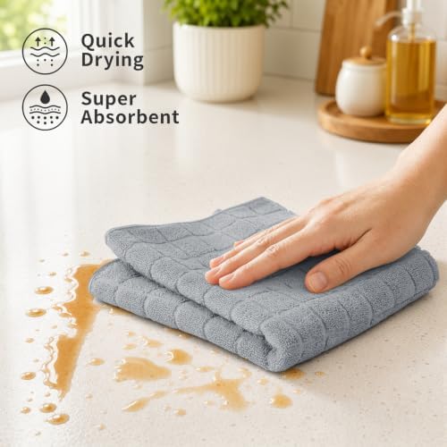 Kitinjoy Premium Cotton Check Kitchen Towels 8 Pack, Light Grey - Image 2