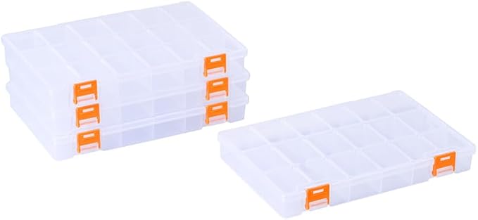 BangQiao 4 Pack 18 Grids Clear Plastic Storage Box with Dividers, Transparent Organizer Container Case for Small Parts, Bead, Button, Jewelry, Diamond, Craft Supplies,Sewing Kit, DIY Accessories