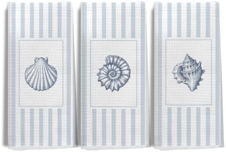 Blue Coastal Beach Kitchen Towels 16x24 Inch Set of 3, Ocean Bathroom Decor by NEGIGA