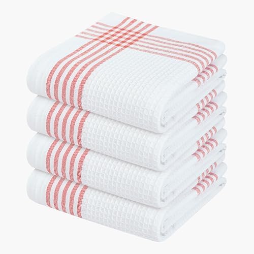 Waffle White & Red Kitchen Dish Towels, 100% Cotton 16x26 inches, Absorbent Tea by SoftopiaCotton