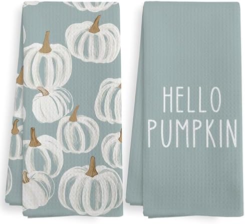 Fall Blue Hello Pumpkin Farmhouse Kitchen Towels and Dishcloths Sets of 2 by XNXLDYLH