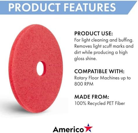 Americo Red Buffer Floor Pad, for Light Cleaning and Buffing, 3.25" Center Hole - Image 4