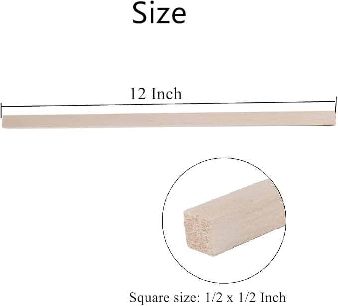 12 Pack Square Wood Dowel Rods 1/2x1/2x12 Inch Balsa Wood Sticks Natural Wood Color Unfinished Wood for Cricut Maker Make Models of House Airplane Ship Boat DIY Wooden(13x13x305mm)