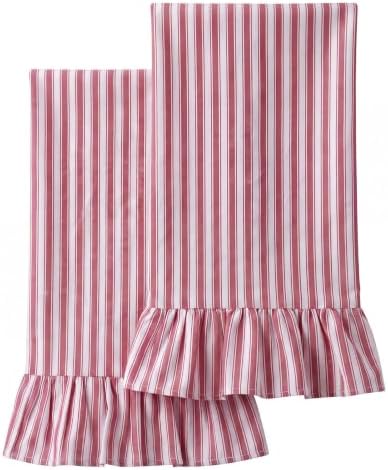 HunnmingRe 2 Pcs Red Stripe Kitchen Towels Ruffled Dish Towels 18"x28" by HunnmingRe