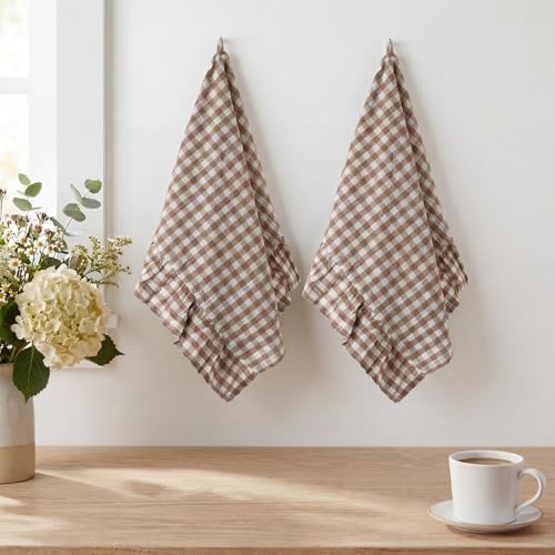 HunnmingRe 2 Pcs Taupe Gingham Kitchen Towels Cotton Ruffled - Image 5