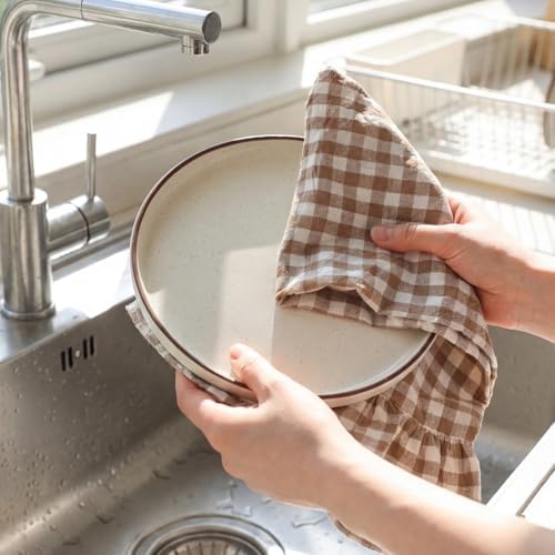 HunnmingRe 2 Pcs Taupe Gingham Kitchen Towels Cotton Ruffled - Image 4