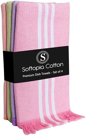 Multi Color Kitchen Towels 4 Pack, 16x26 Inches, Striped Tea Towels, Quick Dry by SoftopiaCotton