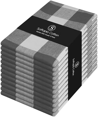 Gray Buffalo Plaid Checked Dish Towels 12 Pack, 100% Cotton, 16x26 Inches by SoftopiaCotton
