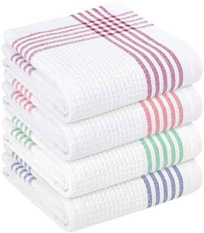 Waffle White & Multi Colors Kitchen Towels Set of 4, 100% Cotton, 16x26 inches by SoftopiaCotton
