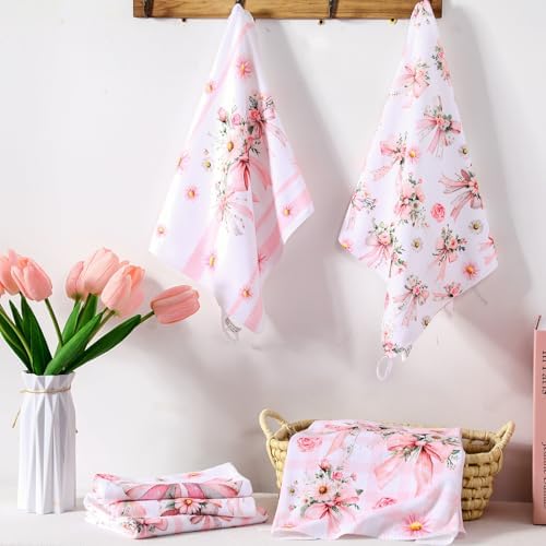 Breling 6 Pack Pink Bow Kitchen Towels, Floral Dish Towels - Image 3