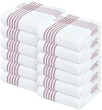 Waffle White & Burgundy Wine Dish Towels Set of 12, 100% Cotton, 16x26 inches by SoftopiaCotton