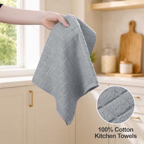 Kitinjoy Premium Cotton Check Kitchen Towels 8 Pack, Light Grey - Image 3