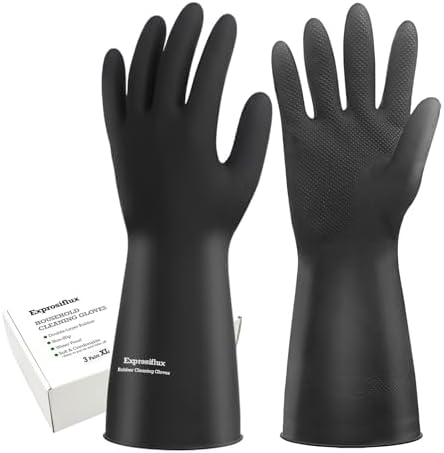 Heavy-Duty Thick Black Rubber Cleaning Gloves, 3 Pairs by Exprosiflux