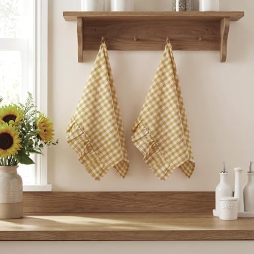 HunnmingRe 2 Pcs Yellow Gingham Kitchen Towels Cotton Ruffled, Fall Decor - Image 5