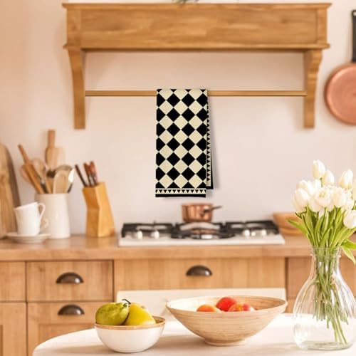 Boho Neutral Checkered Kitchen Towels, Trendy Retro Hand Towels - Image 2
