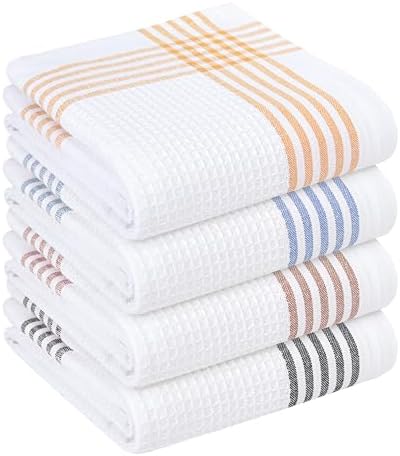 Waffle White & Multi Colors Kitchen Towels Set of 4, 100% Cotton, 16x26 inches by SoftopiaCotton