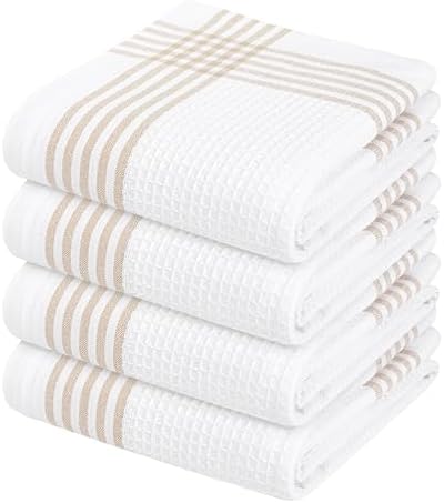 Waffle White & Beige Kitchen Dish Towels 4 Pack, 100% Cotton, 16x26 inches by SoftopiaCotton