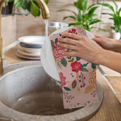 Pink and Black Floral Kitchen Towels, Vintage Boho Flower Dish Towels Drying - Image 2